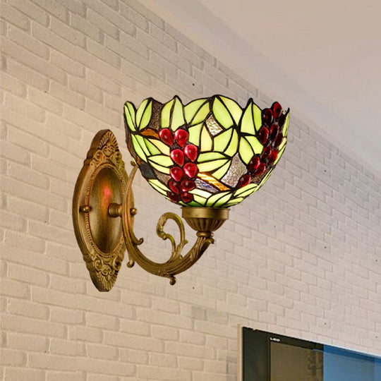 1-Light Stained Art Glass Victorian Sconce In Brass For Bathroom - Grape/Blossom Vanity Lighting