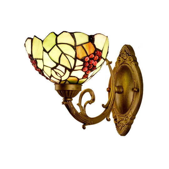 1-Light Stained Art Glass Victorian Sconce In Brass For Bathroom - Grape/Blossom Vanity Lighting