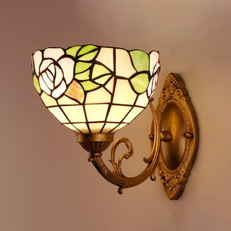 1-Light Stained Art Glass Victorian Sconce In Brass For Bathroom - Grape/Blossom Vanity Lighting