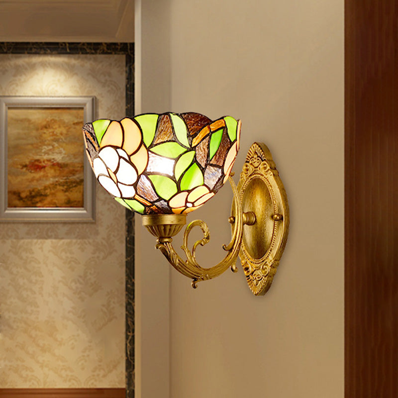 1-Light Stained Art Glass Victorian Sconce In Brass For Bathroom - Grape/Blossom Vanity Lighting