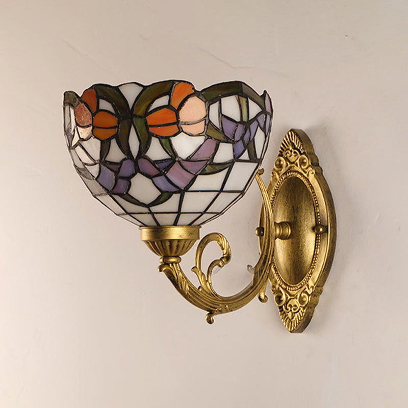 1-Light Stained Art Glass Victorian Sconce In Brass For Bathroom - Grape/Blossom Vanity Lighting