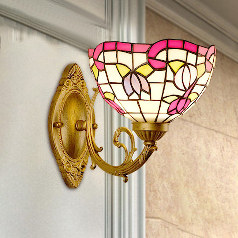 1-Light Stained Art Glass Victorian Sconce In Brass For Bathroom - Grape/Blossom Vanity Lighting