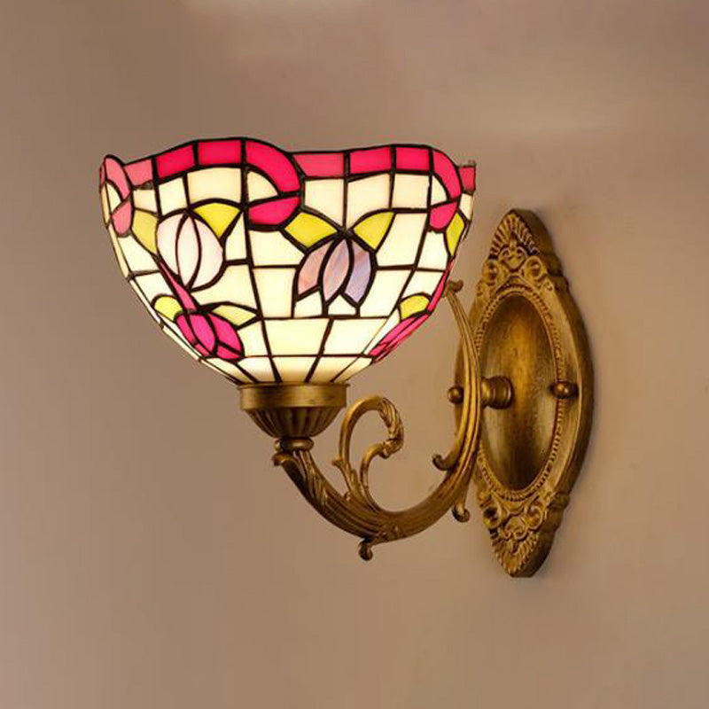 1-Light Stained Art Glass Victorian Sconce In Brass For Bathroom - Grape/Blossom Vanity Lighting