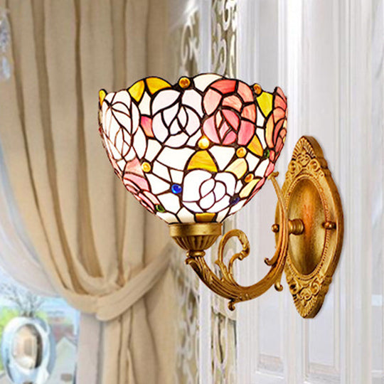 1-Light Stained Art Glass Victorian Sconce In Brass For Bathroom - Grape/Blossom Vanity Lighting