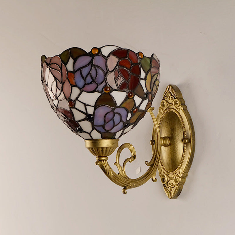 1-Light Stained Art Glass Victorian Sconce In Brass For Bathroom - Grape/Blossom Vanity Lighting