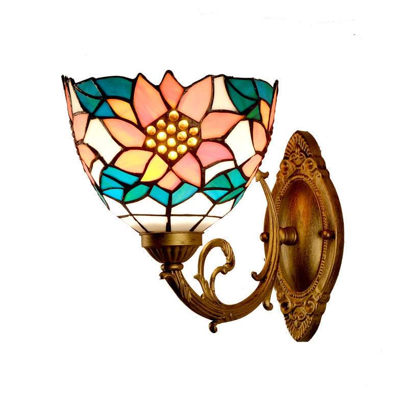 Baroque Flower Cut Glass Vanity Wall Light - 1 Pink/Green Sconce For Bathroom