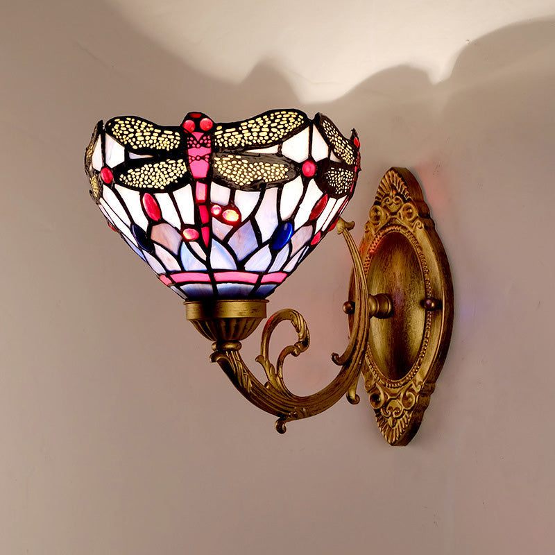 Tiffany Dragonfly Wall Mount Lamp - Brass 1-Light Sconce With Hand-Cut Glass & Curving Arm