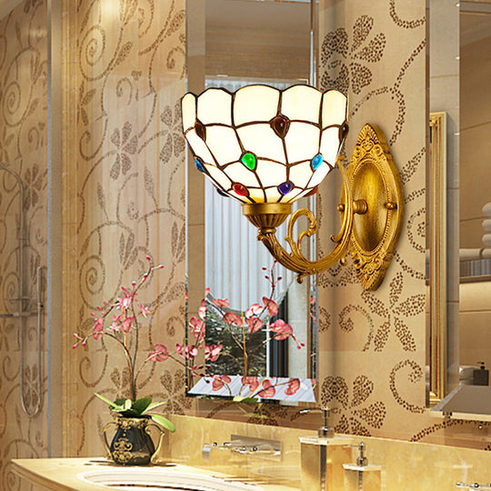 Mediterranean Brass Bathroom Vanity Sconce With Beaded White Glass Shade