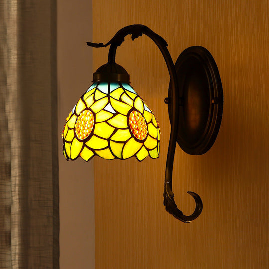 Yellow Sunflower Stained Art Glass Wall Lamp - Mediterranean Sconce With Curved Arm