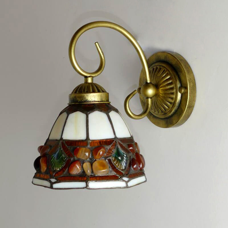 Dome Tiffany Stained Glass Sconce Light With Stone Deco - Elegant Wall Lighting Idea Beige/Green