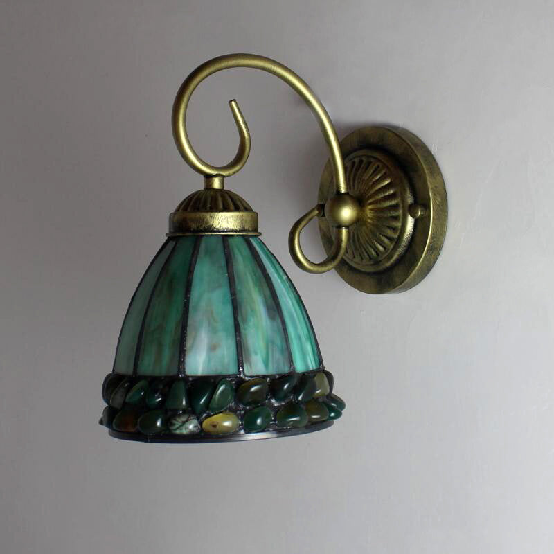 Dome Tiffany Stained Glass Sconce Light With Stone Deco - Elegant Wall Lighting Idea Beige/Green