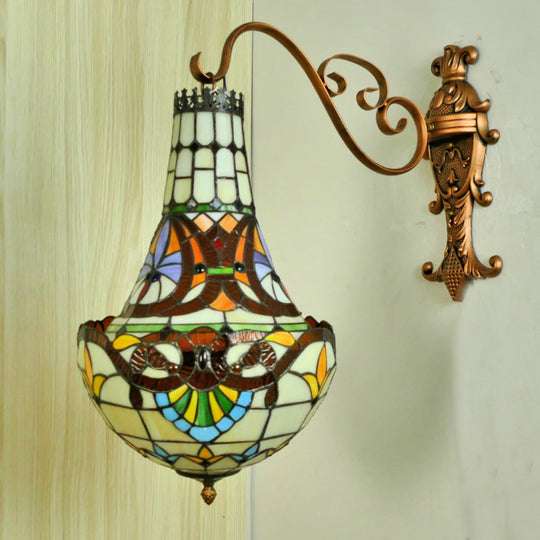 Mediterranean Flower Stained Glass Sconce - 3-Light Wall Fixture In Beige/Yellow/Orange For Living