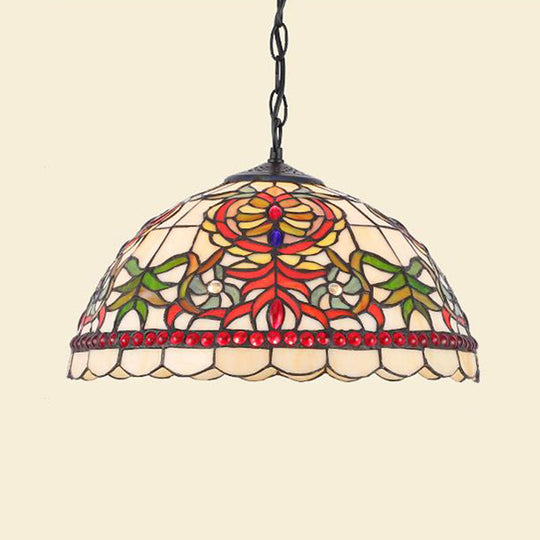 Black/Red Tiffany 1-Light Cut Glass Ceiling Pendant - Stylish Domed Shade Suspension Lighting For