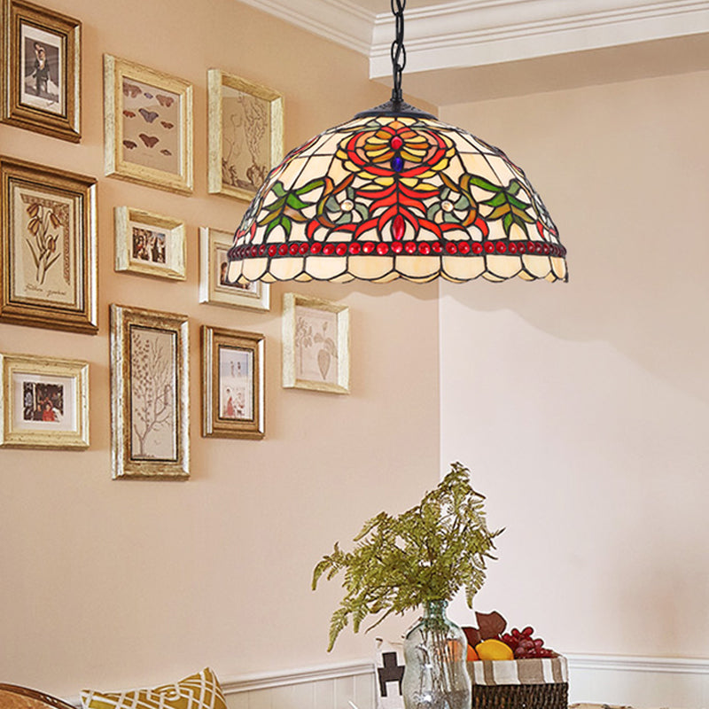 Black/Red Domed Tiffany Ceiling Pendant Light with Cut Glass, Ideal for Kitchen