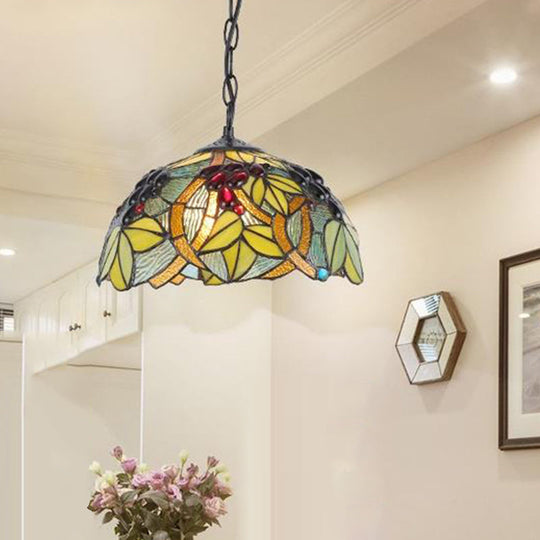 Tiffany Green/Blue Stained Glass Kitchen Pendant Light With Domed Shade