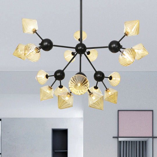 Modern Amber Glass Diamond Chandelier Pendant Light with 18 Heads in Black