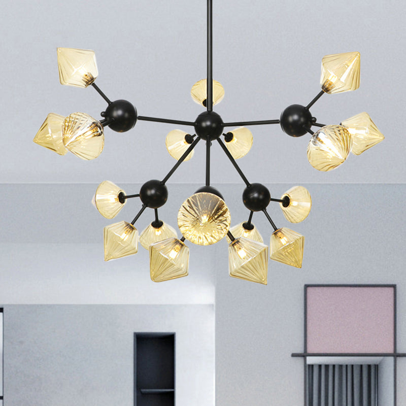 Modern Black Diamond Chandelier With Amber Glass Pendants - 18 Heads Hanging Pendant Light