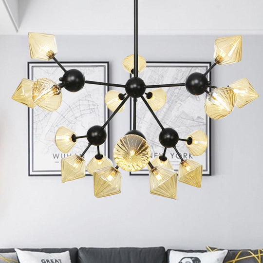 Modern Amber Glass Diamond Chandelier Pendant Light with 18 Heads in Black