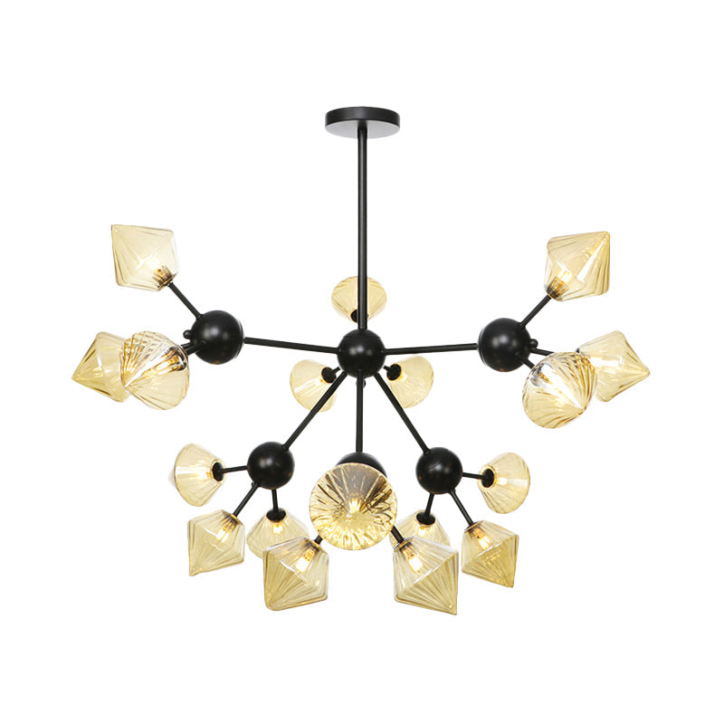 Modern Amber Glass Diamond Chandelier Pendant Light with 18 Heads in Black