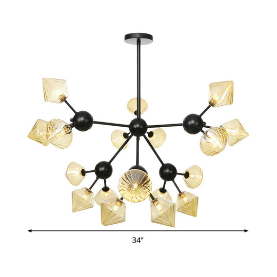 Modern Amber Glass Diamond Chandelier Pendant Light with 18 Heads in Black