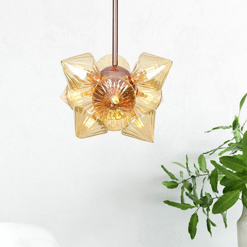 Amber Glass Pyramid Chandelier Lamp- 9/12 Bulb Modern Pendant Light for Living Room