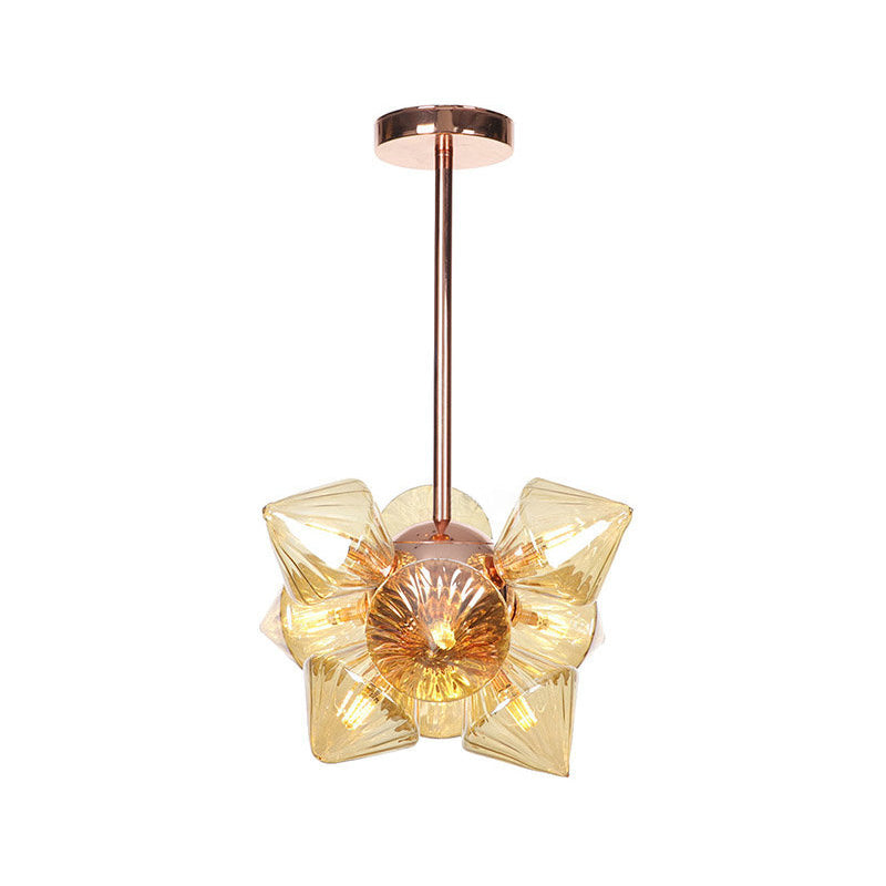 Amber Glass Pyramid Chandelier Lamp- 9/12 Bulb Modern Pendant Light for Living Room