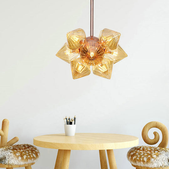 Amber Glass Pyramid Chandelier Lamp- 9/12 Bulb Modern Pendant Light for Living Room