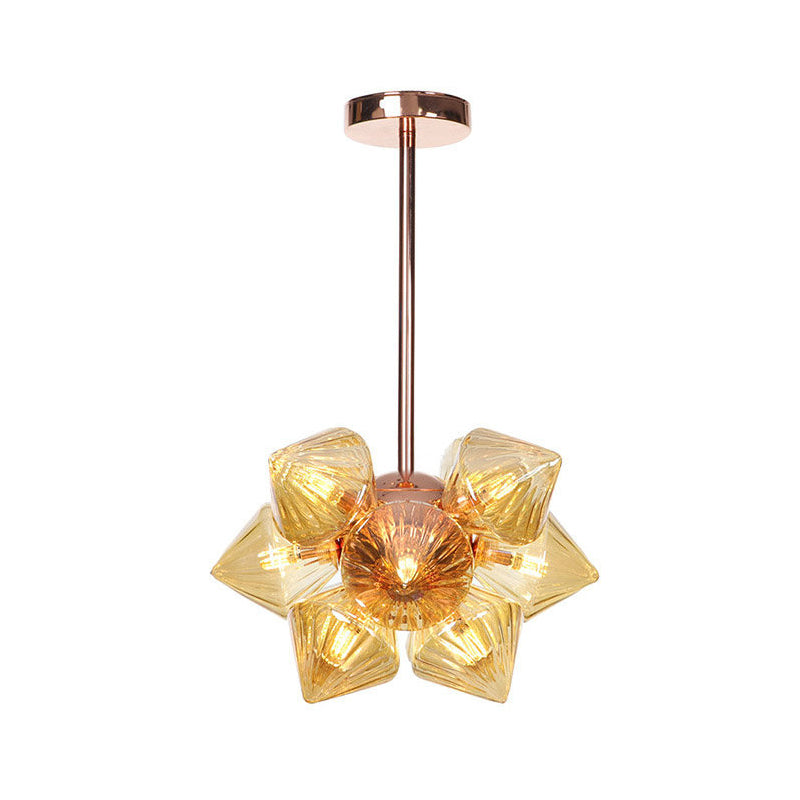 Amber Glass Pyramid Chandelier Lamp- 9/12 Bulb Modern Pendant Light for Living Room