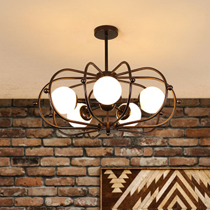 Modern Round Pendant Chandelier 5-Bulb Milk Glass Ceiling Light With Coffee Theme