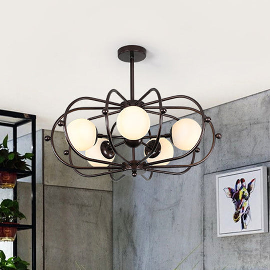 Modern Round Pendant Chandelier 5-Bulb Milk Glass Ceiling Light With Coffee Theme