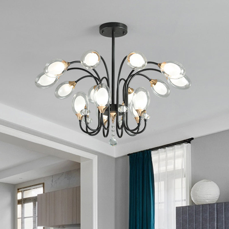 Contemporary Clear Glass Hanging Chandelier - Oval Shape, 9/15 Bulbs - Black Pendant Light