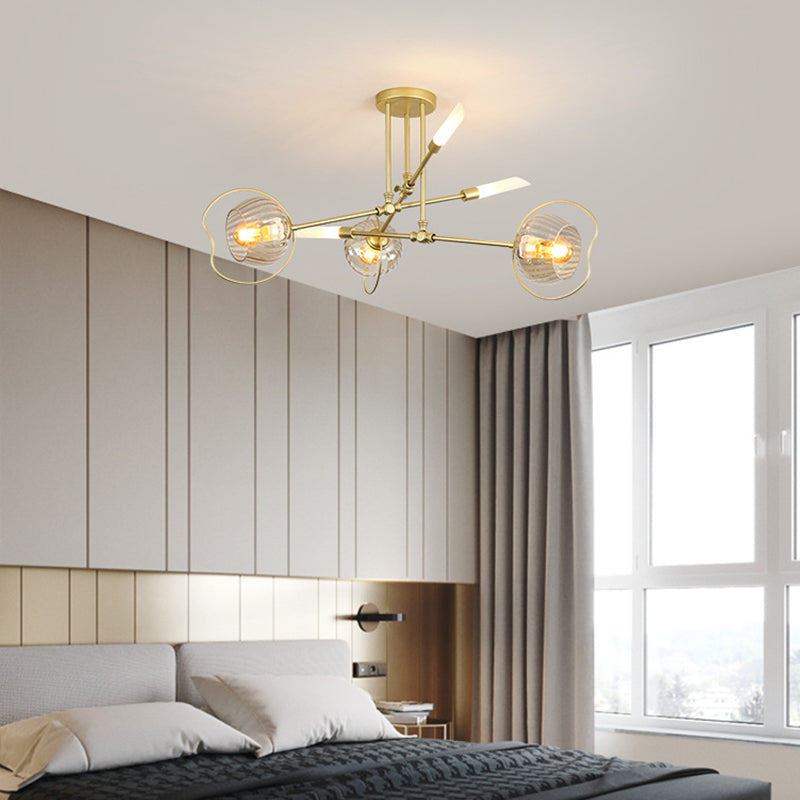 Contemporary 6/8-Head Chandelier with Gold Bowl Ceiling Suspension and Amber Glass Shade