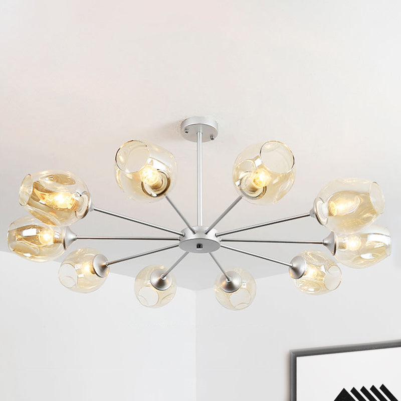 Modern 10-Bulb Silver Cup Pendant Chandelier With Amber Glass Shade