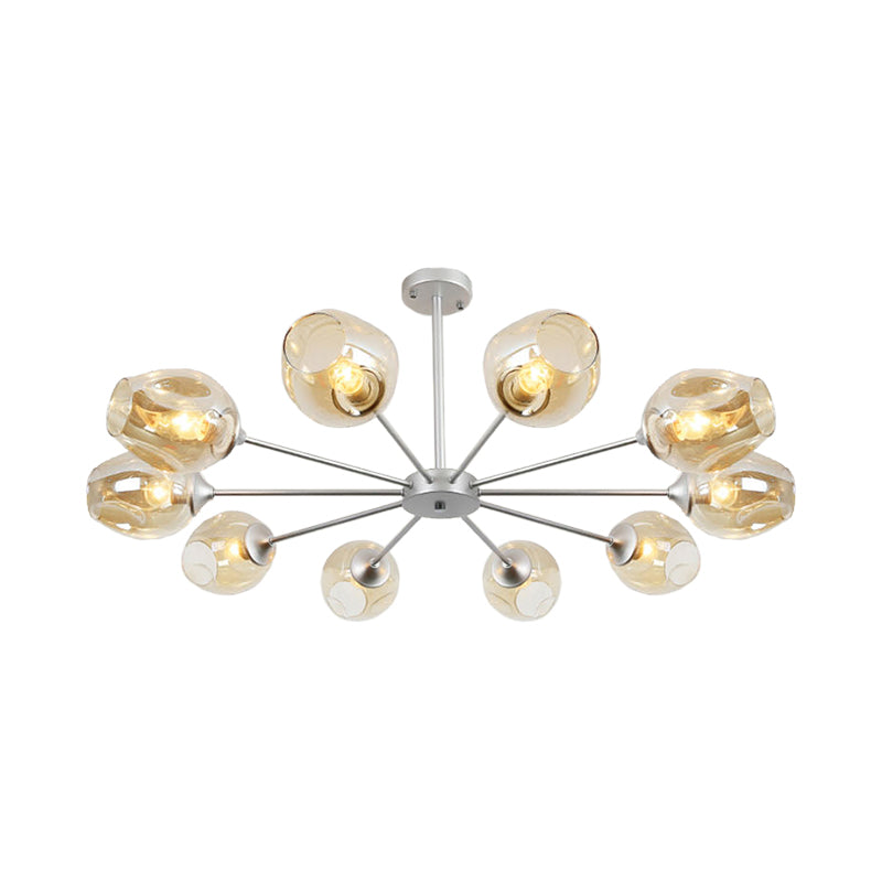 Modern 10-Bulb Chandelier Pendant Light with Amber Glass Shade - Silver Cup Design