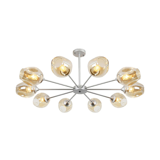 Modern 10-Bulb Chandelier Pendant Light with Amber Glass Shade - Silver Cup Design