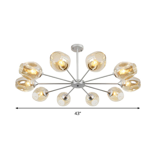 Modern 10-Bulb Chandelier Pendant Light with Amber Glass Shade - Silver Cup Design