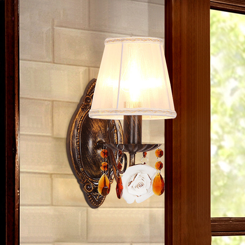 Vintage White Wall Mounted Sconce With Curved Arm & Cone Fabric Shade - Ideal For Corridors 1 Light