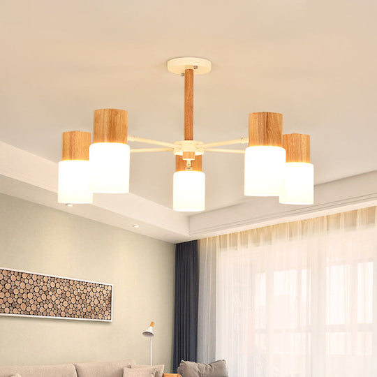 Chinese Wooden Semi-Flush Light with 5/8 Bulbs - Beige for Living Room Ceiling