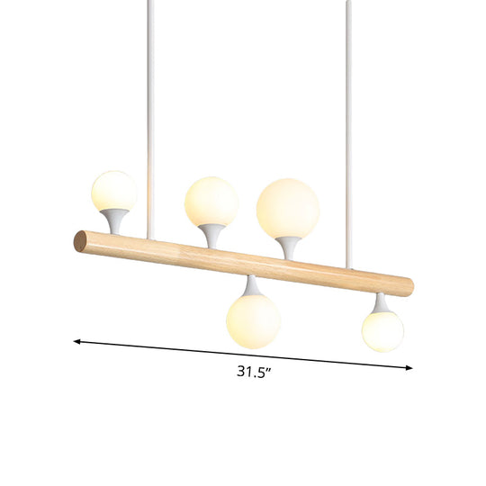 Modern White Pipe Island Light - Wood Suspended Fixture With 5 Heads For Dining Room