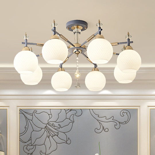 Modern Grey Chandelier Light With Milk Glass Shade - 8 Bulb Living Room Pendant Fixture