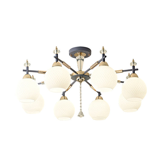 Modern Grey Chandelier Light With Milk Glass Shade - 8 Bulb Living Room Pendant Fixture