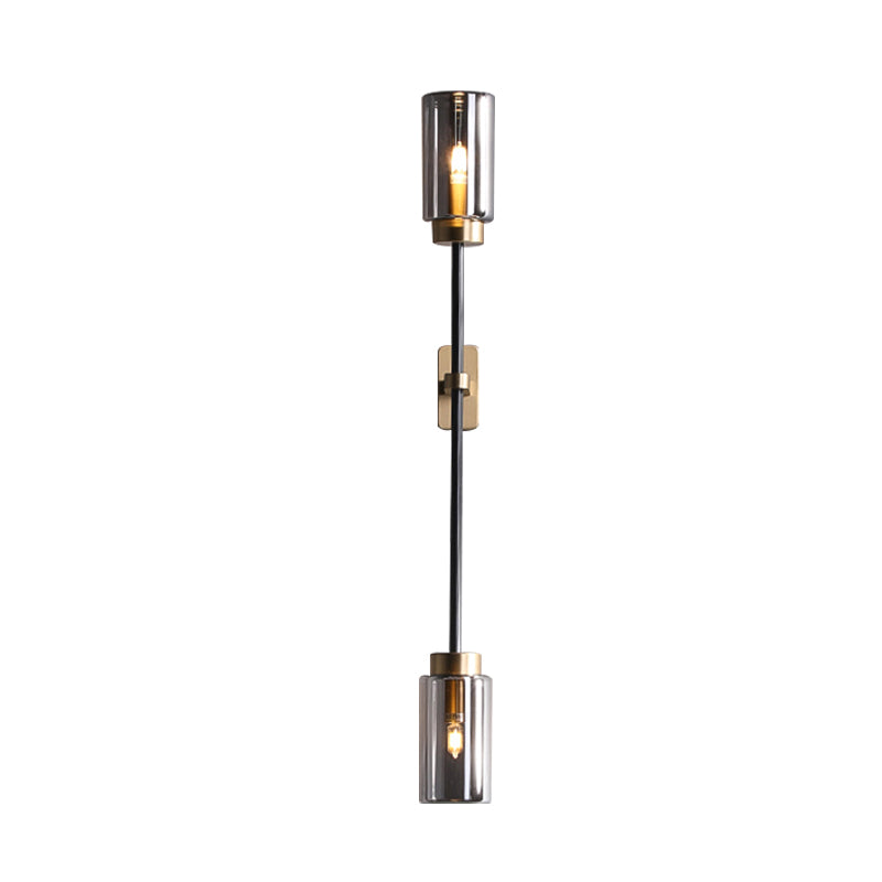 Gray Glass Black Wall Lamp - Cylinder Design 2/4 Bulbs Simple Lighting Fixture For Living Room