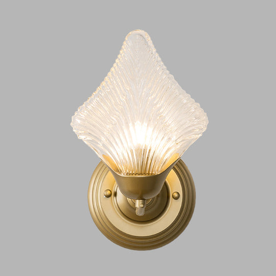 Vintage Clear Ribbed Glass Wall Sconce Light With Gold Finish - Shell Design