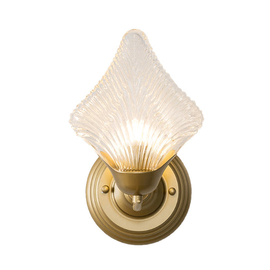 Vintage Clear Ribbed Glass Wall Sconce Light With Gold Finish - Shell Design