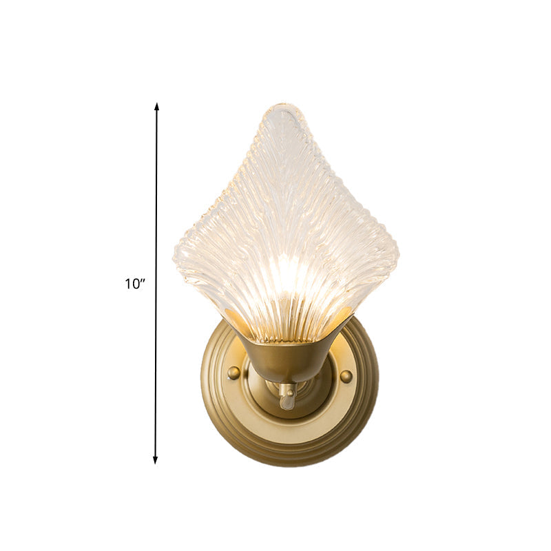 Vintage Clear Ribbed Glass Wall Sconce Light With Gold Finish - Shell Design