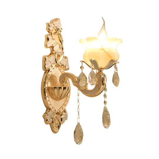 White Glass Wall Sconce With Crystal Draping Brass Mount - Traditional Candle Style Lighting (1/2