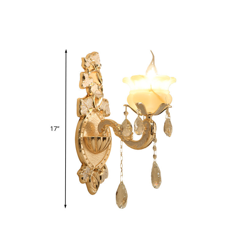 White Glass Wall Sconce With Crystal Draping Brass Mount - Traditional Candle Style Lighting (1/2