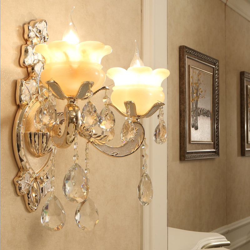 White Glass Wall Sconce With Crystal Draping Brass Mount - Traditional Candle Style Lighting (1/2