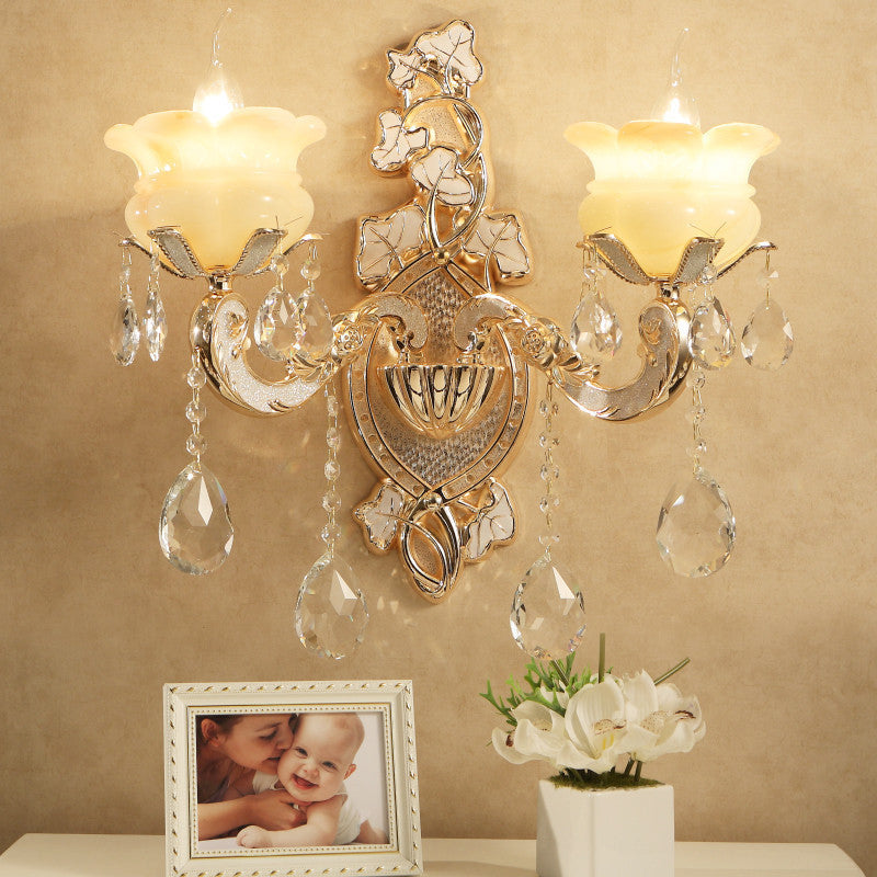 White Glass Wall Sconce With Crystal Draping Brass Mount - Traditional Candle Style Lighting (1/2