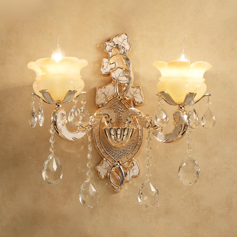 White Glass Wall Sconce With Crystal Draping Brass Mount - Traditional Candle Style Lighting (1/2